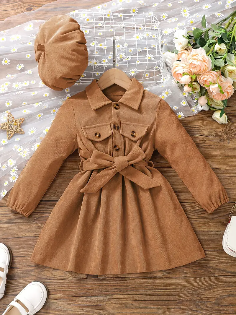 girls casual dress corduroy button front collar neck dresses with belt and hat set trendy kids autumn outfit details 0