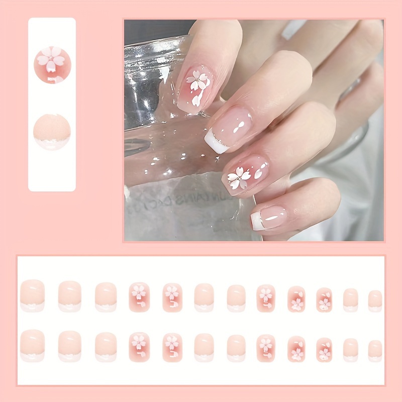 24pcs square press on nails short length glossy   nails pink nude floral nail art stickers for women s   reusable artificial nails for hands feet nails accessories beauty accessories   tips Product details 1