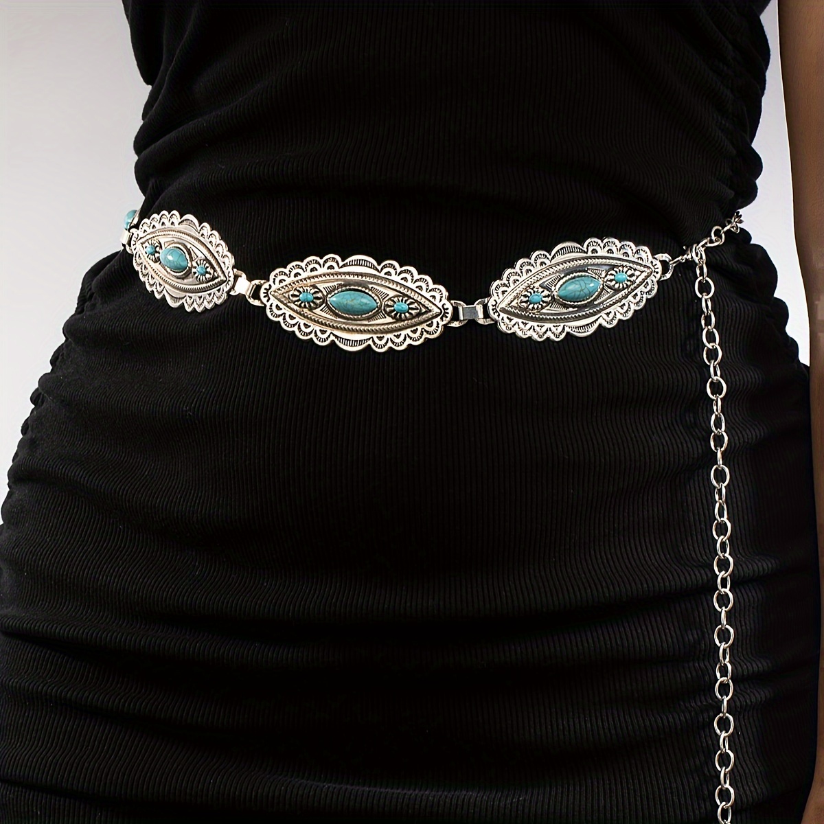 

Boho Turquoise Concho Belt Vintage Carved Oval Chain Belts For Women Adjustable Silvery Metal Body Jewelry Elegant Waist Chain
