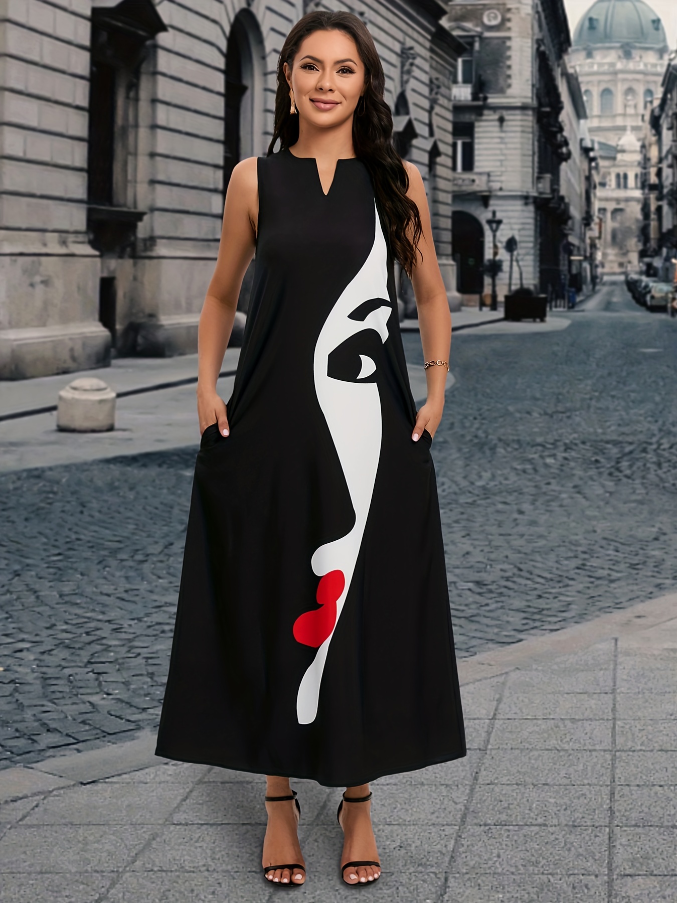 Graphic Print Bodycon Sleeveless Dress Casual Tank Dress - Temu Canada
