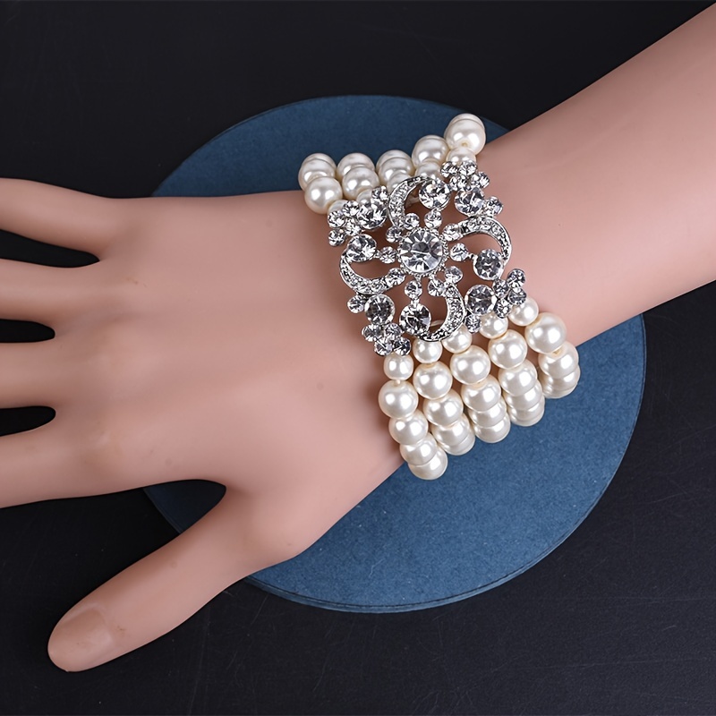 

4 Layered Faux Pearl Beaded Elastic Bracelet, Elegant Party Jewelry Vintage Style Birthday Christmas Gifts For Girls