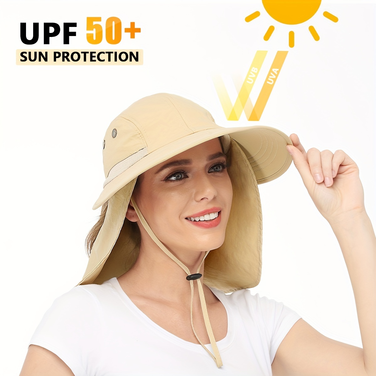 Solid Sunscreen Boonie Hat with Rope, UV Protection Neck Cover Wide Brim Ponytail Hat for Hiking Fishing,Temu