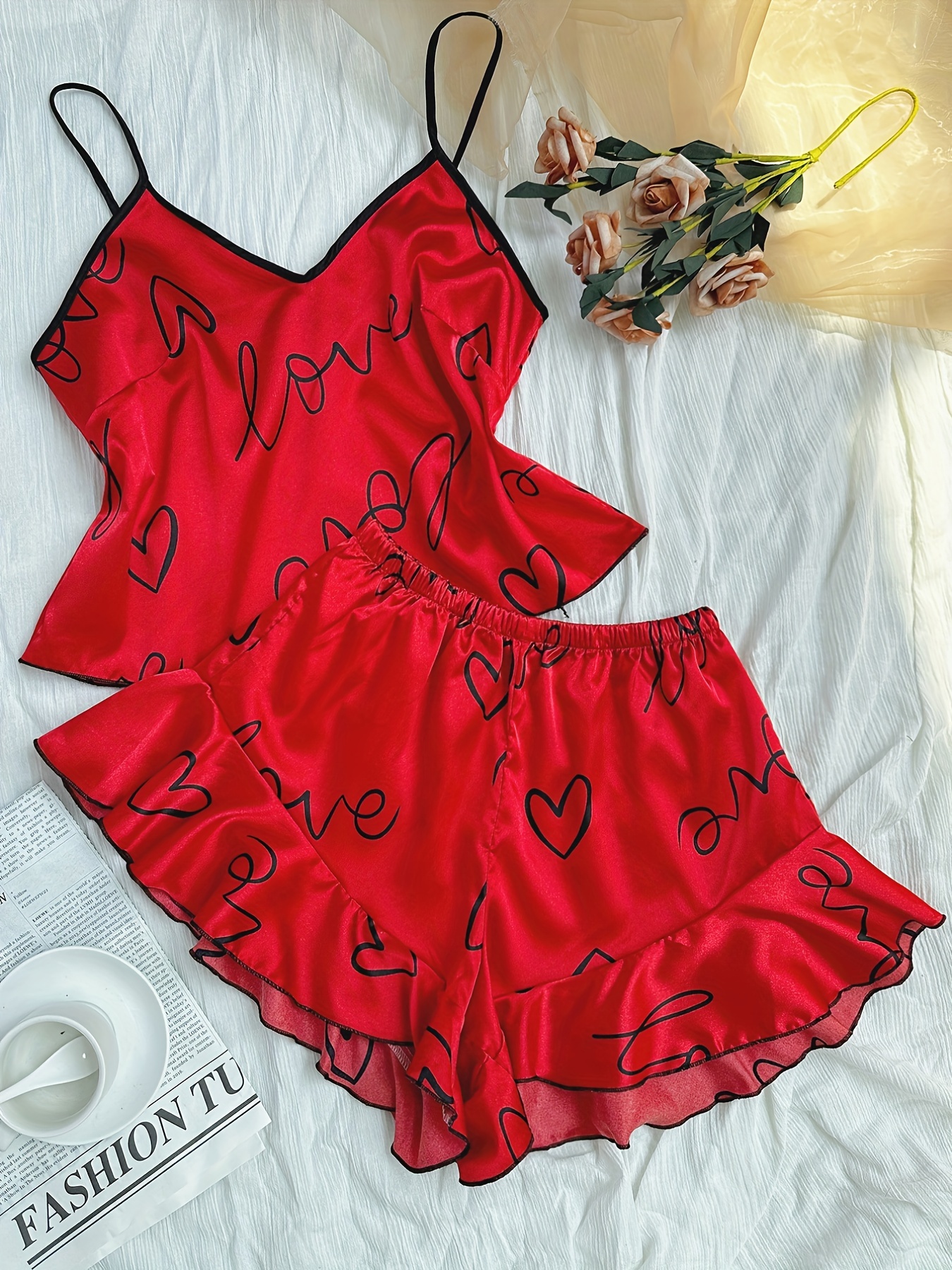 Heart Print Pajama Set Soft Comfy Sleeveless Cami Top Ruffle Temu