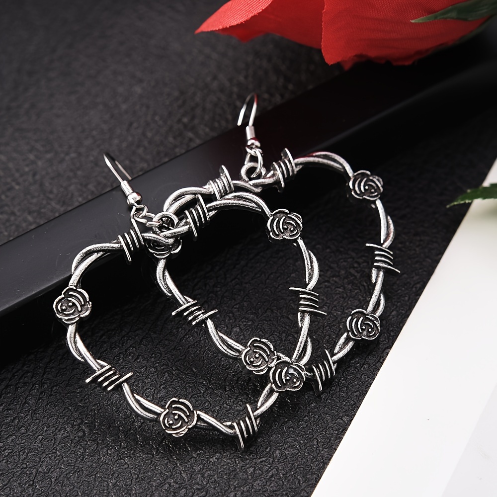 Simple Thorns Rose Decor Big Heart-shaped Earrings, Antique Silvery Charm Earrings, Holiday Gifts For Girls
