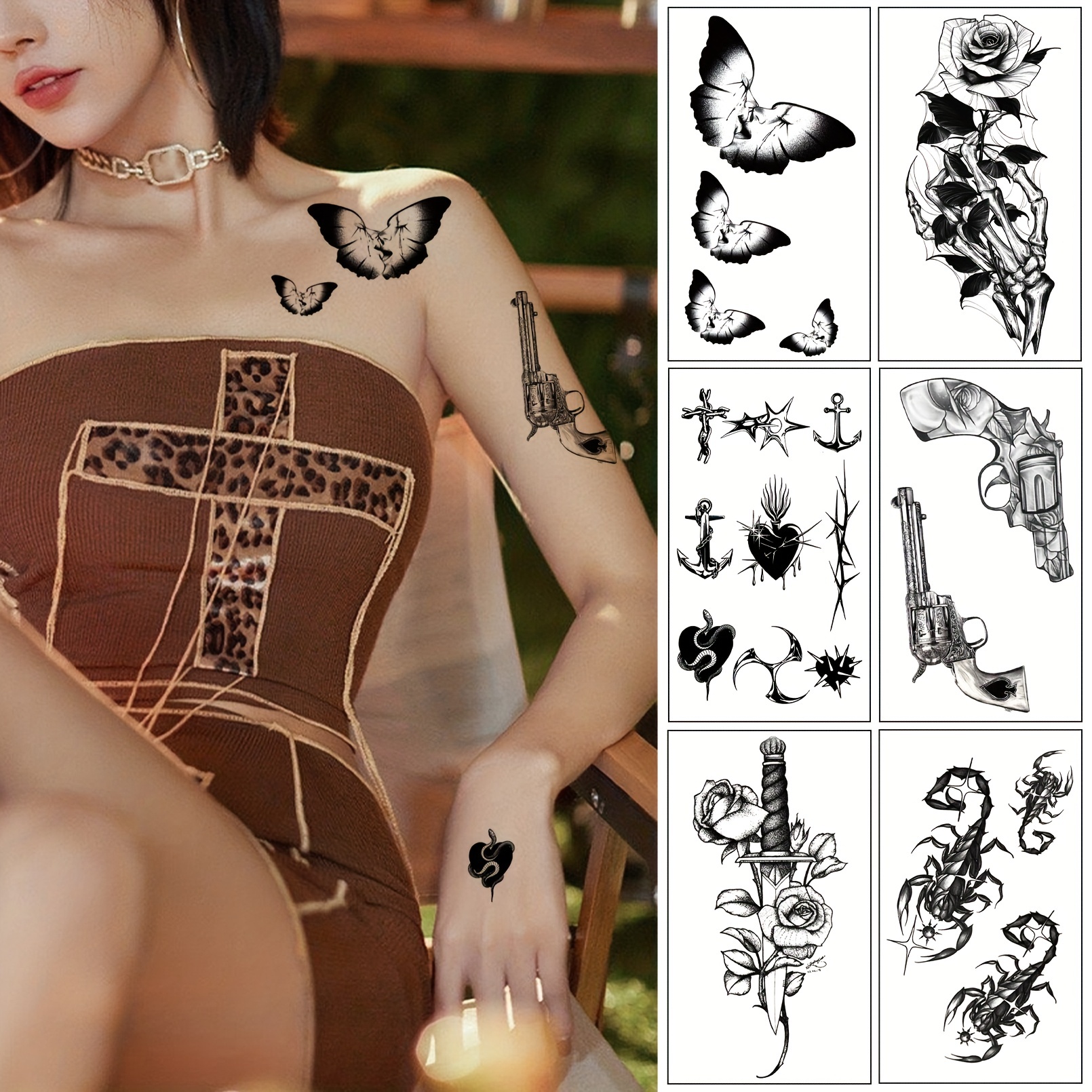 Dark Series Temporary Tattoo Scorpion Pistol Butterfly - Temu