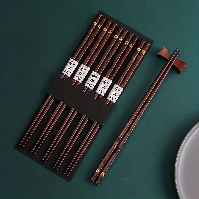 

5 Pairs Golden Flower Japanese Sushi Chopsticks Natural Wooden Reusable Wood Korean Chinese Food Chop Sticks Set Eid Al-adha Mubarak