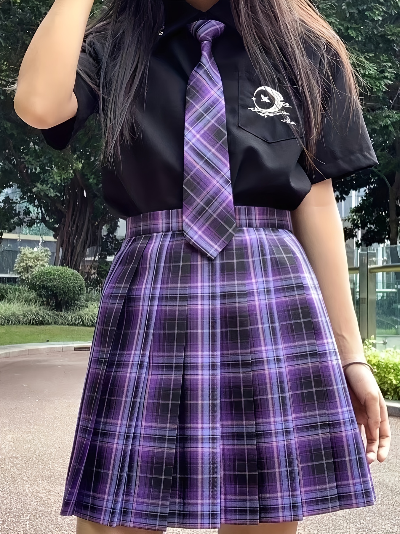 Uniforme de colegiala para mujer, disfraz de cosplay, camisa de manga corta  con botones y falda plisada a cuadros