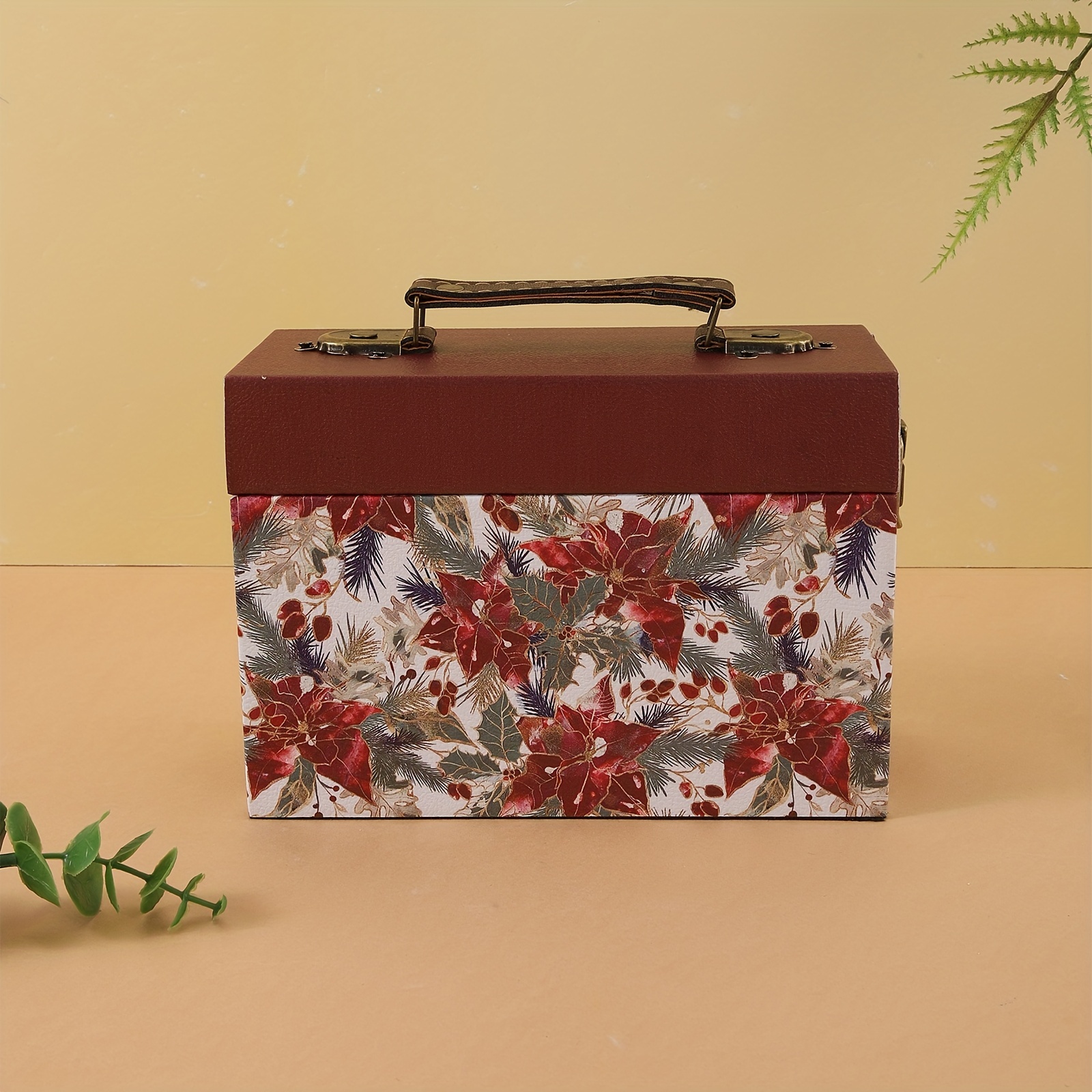 1pc Wooden PU Flower Pattern Organizer, Portable Flip Storage Box, Vintage  Rectangular Storage Case With Handle & Metal Buckle, Unique Desktop Decorat