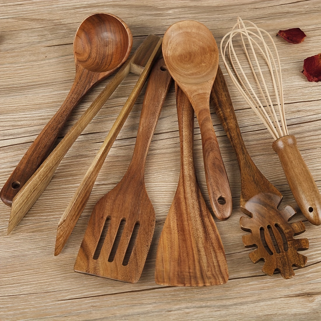Juego de utensilios de cocina de madera, cucharas de madera para cocinar,  cucharas de madera de teca natural para sartén antiarina, regalo, 1-9  piezas, juego zhangmengya LED