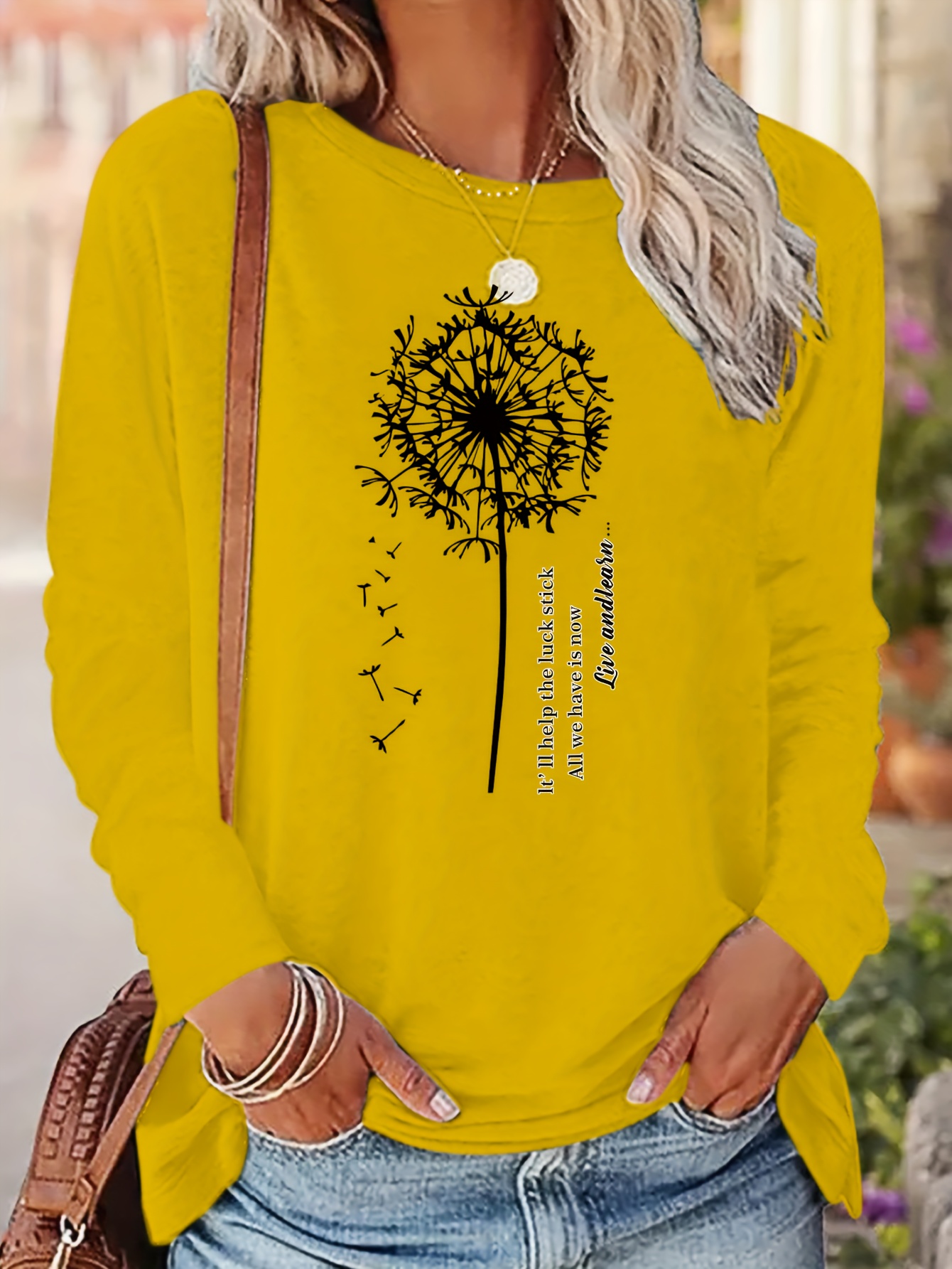 Dandelion Letter Print Crew Neck T shirt Casual Long Sleeve - Temu