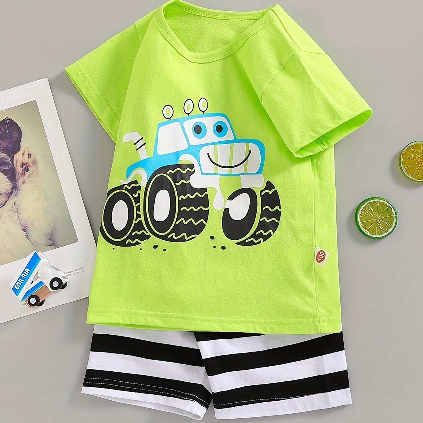 

Boys Cartoon Off-road Vehicle Casual Outfit Round Neck T-shirt & Striped Shorts For Summer Kids Clothes