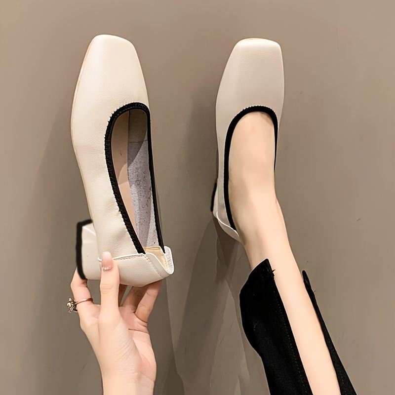 Women's Square Toe Chunky Low Heels Slip On Comfortable Walking Shoes