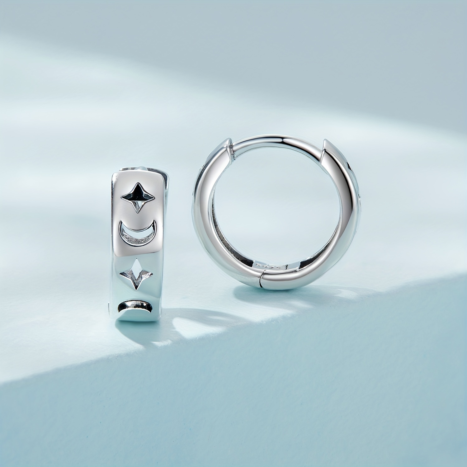 925 Silver Hollow Star Moon Pattern Earrings Daily Casual