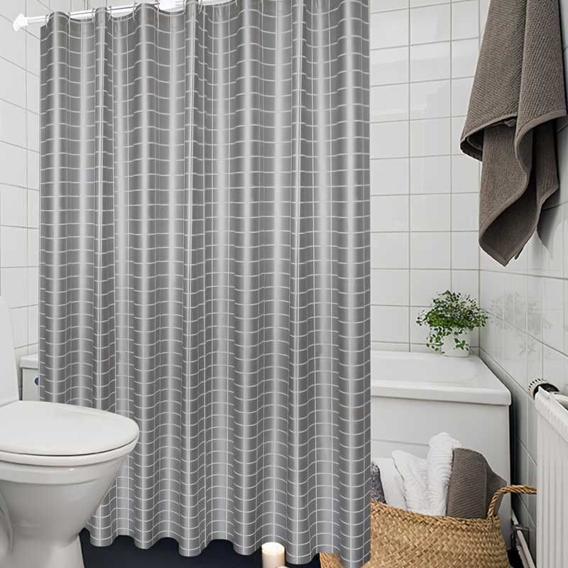 1pc Gray Plaid Shower Curtain With 12 Metal Grommets And 12 Plastic Hooks 71''x71''