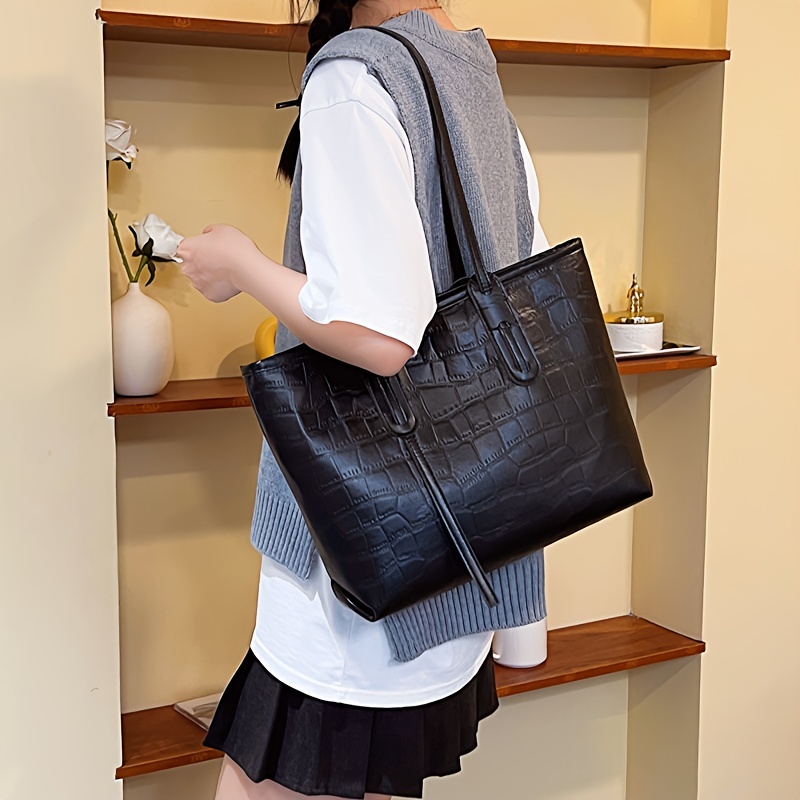QUARRYUS Trendy Crocodile Pattern Handbag, Fashion Faux Leather Shoulder Bag, Women's Office & Work Purse, Size: One size, Brown