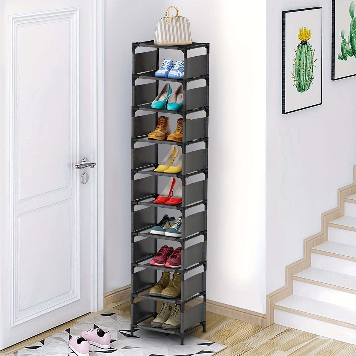 

1pc Space-saving Floor Standing Shoe Rack - 10-layer Organizer For Home, School, Dorm, And Rental Housing - Easy Assembly And Convenient Entryway Storage