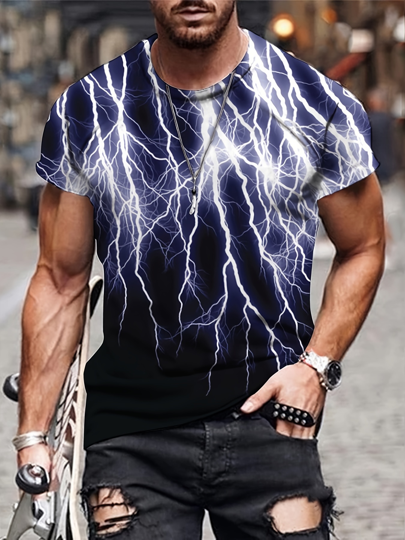 Lightning 3D Digital Pattern Print Men's Graphic T-shirt, Causal Comfy  Tees, Short Sleeve Pullover Tops, Men's Summer Outdoor Clothing