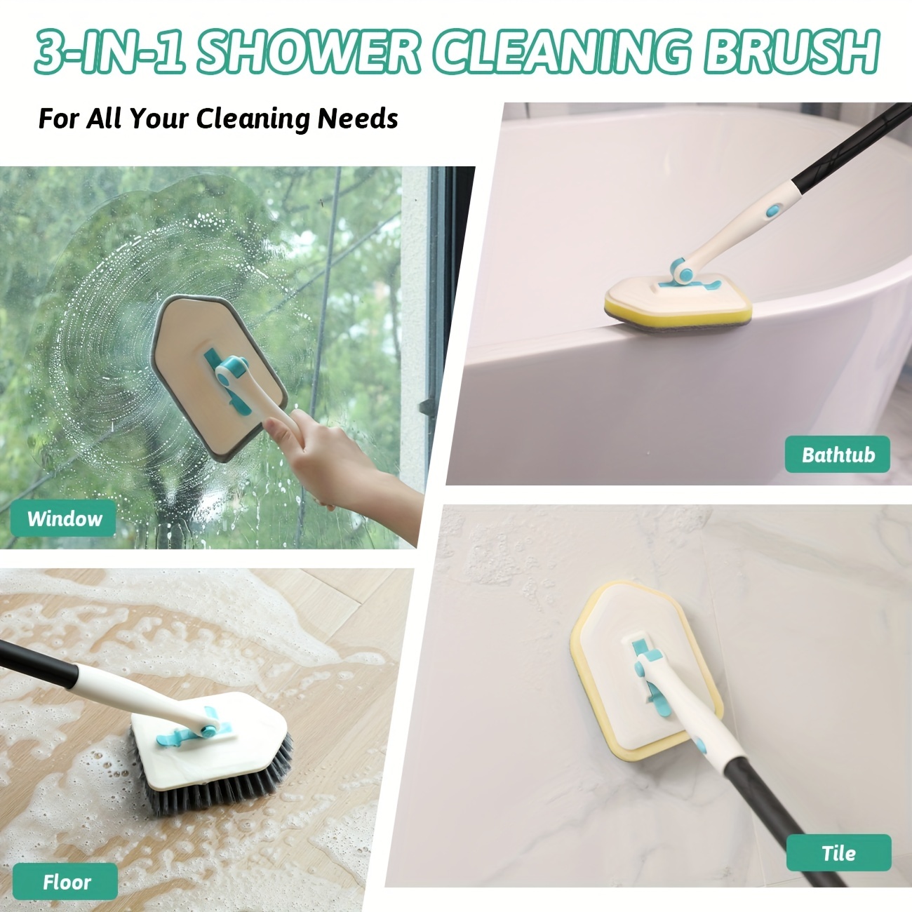 Floor Brush With 3 Replaceable Heads Long Handle Bathroom - Temu