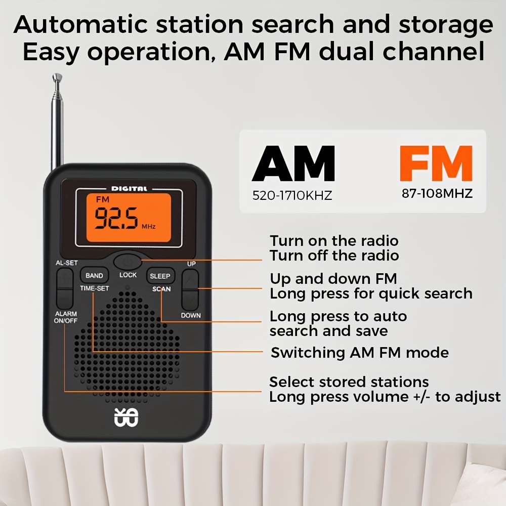 Radio personal AM FM portátil con excelente recepción, funciona con 2 pilas  AAA con auriculares estéreo, pantalla LCD grande, radio despertador