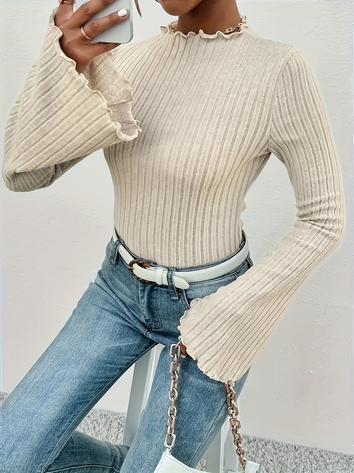 Women's Ribbed Knit Stand Collar Flounce Sleeve Lettuce Trim Slim Casual  Top - Halara