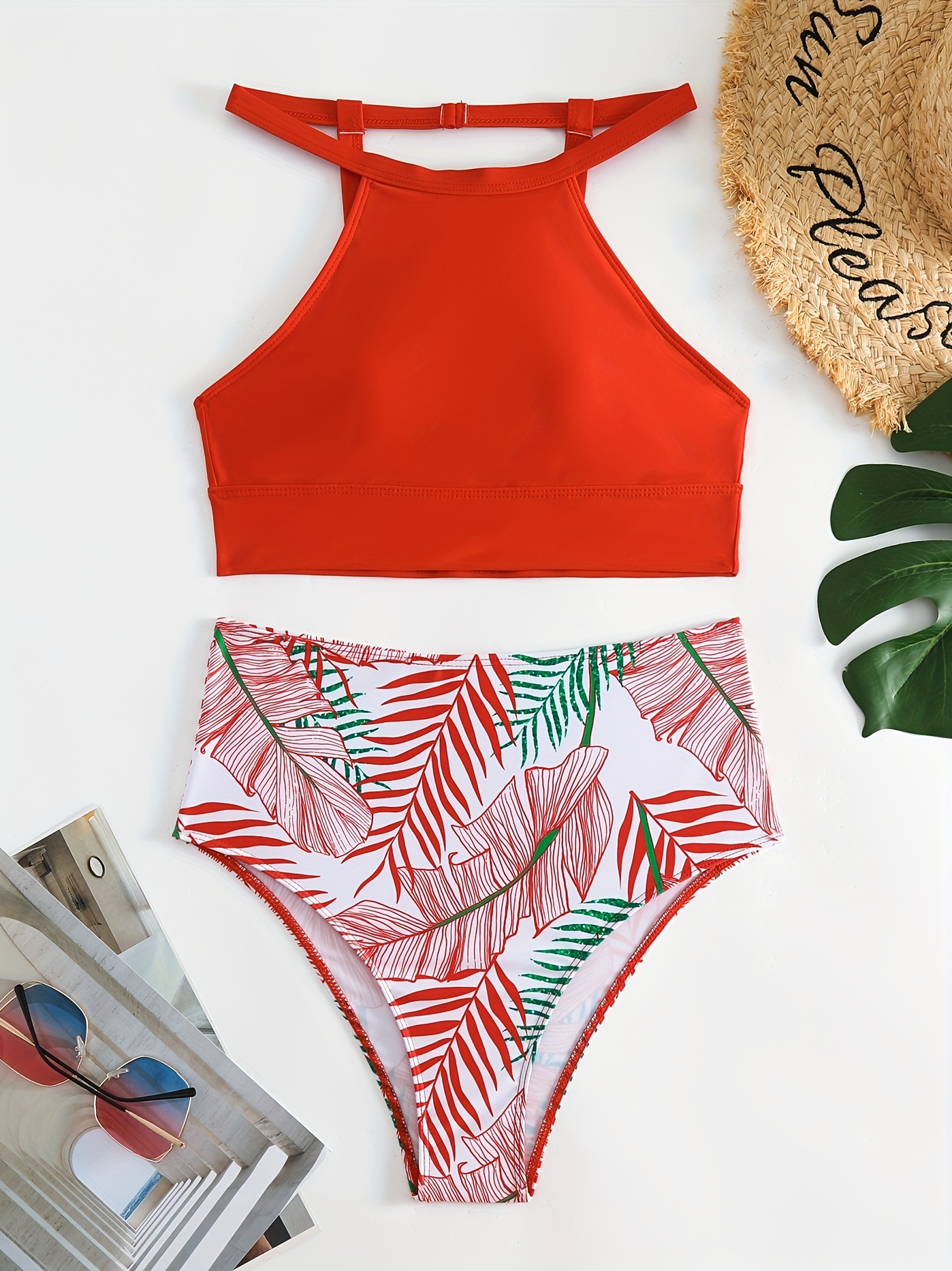 2022 New High Waist Leaf Printed Bikini Set Two Piece Swimsuit Women  Beachwear Swimwear Bathing Suit