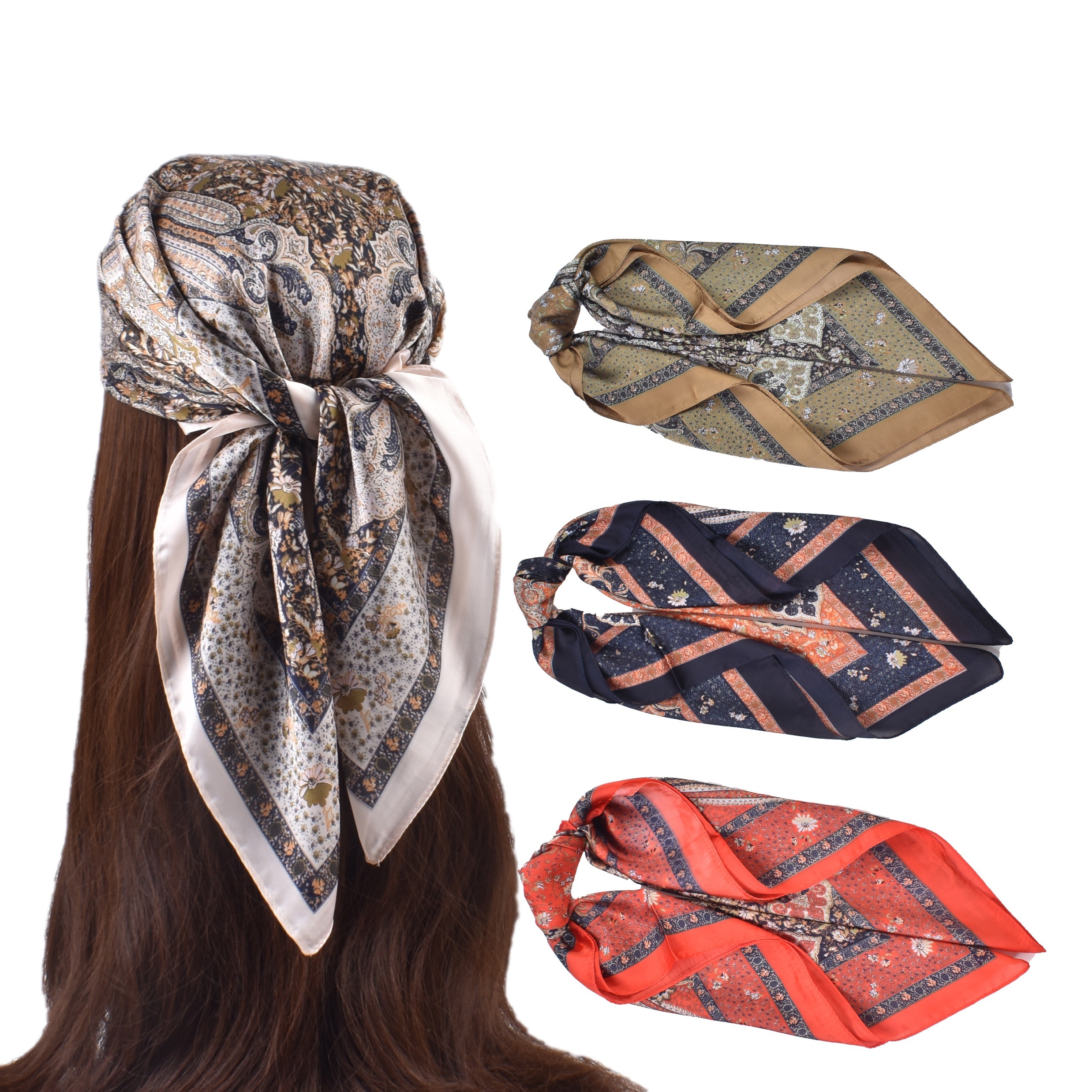 Elegant Silk Satin Hair Scarf For Women Fashion Kerchief Print Bandana Head  Scarfs 70*70cm Small Shawls Neck Scarves For Ladies