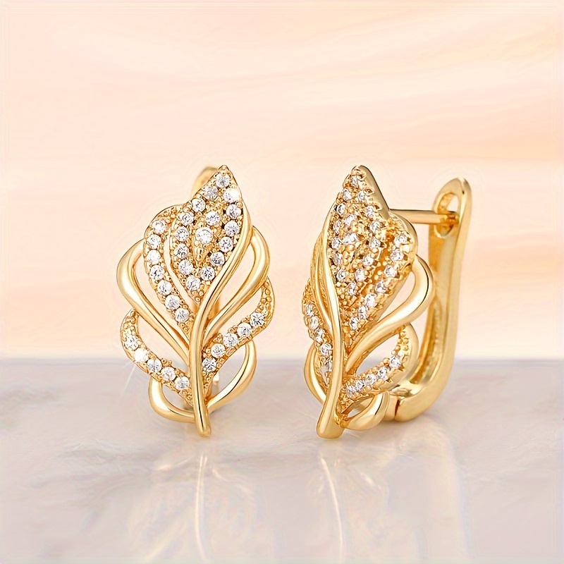 TEMU Exquisite Leaf Design Hoop Earrings Copper Jewelry Embellished With Shiny Zirconia Elegant Luxury Style For Women Daily Party Wear