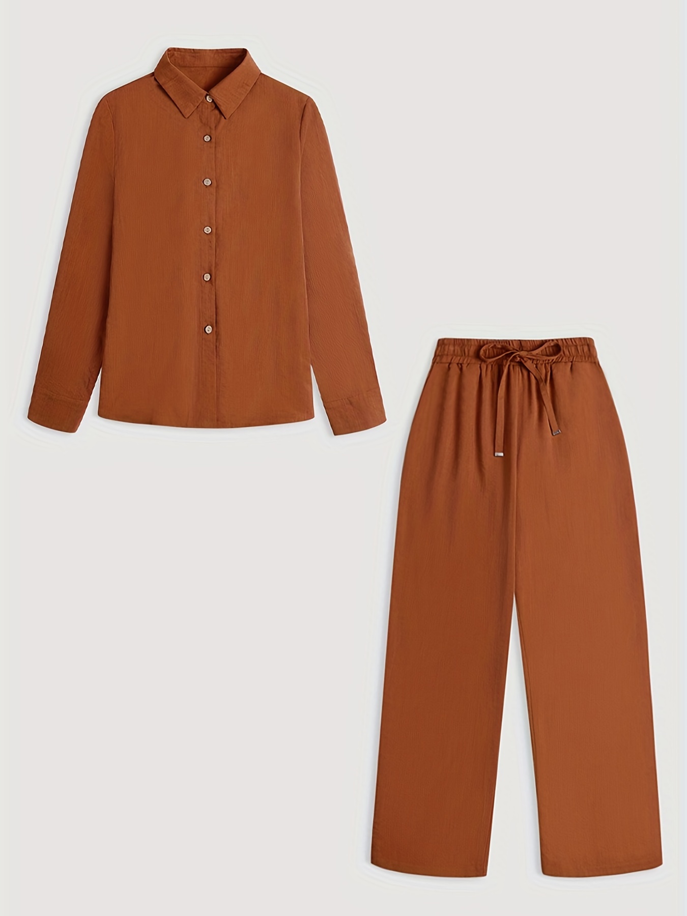 Button Front Long Sleeve Shirt & Wide Leg Pants Set