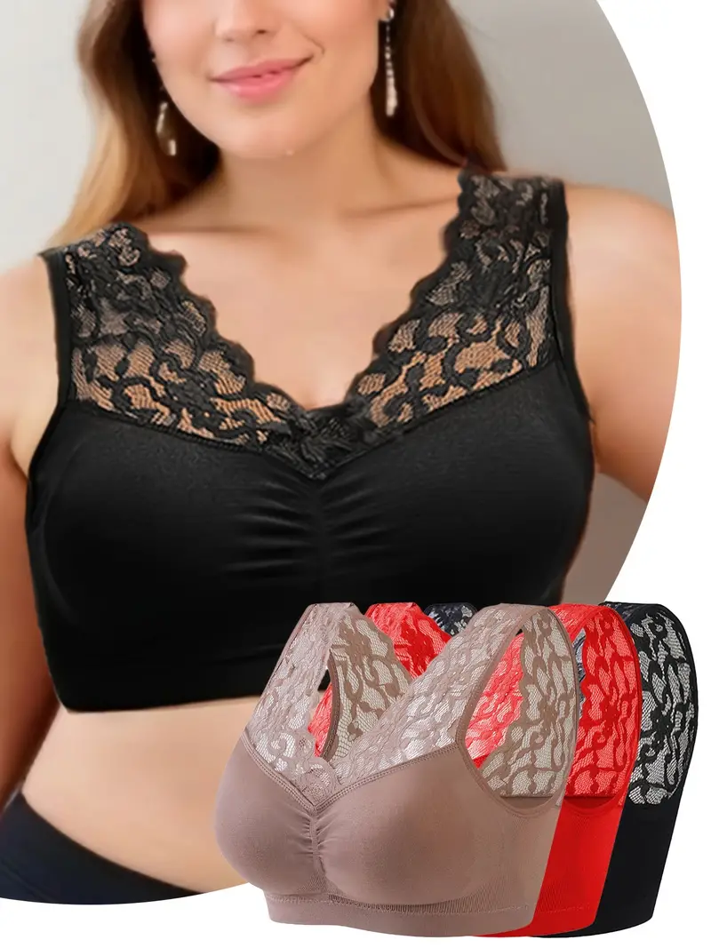 3cps Women's Sports Bra Plus Size Solid Color Lace Contrast - Temu Canada