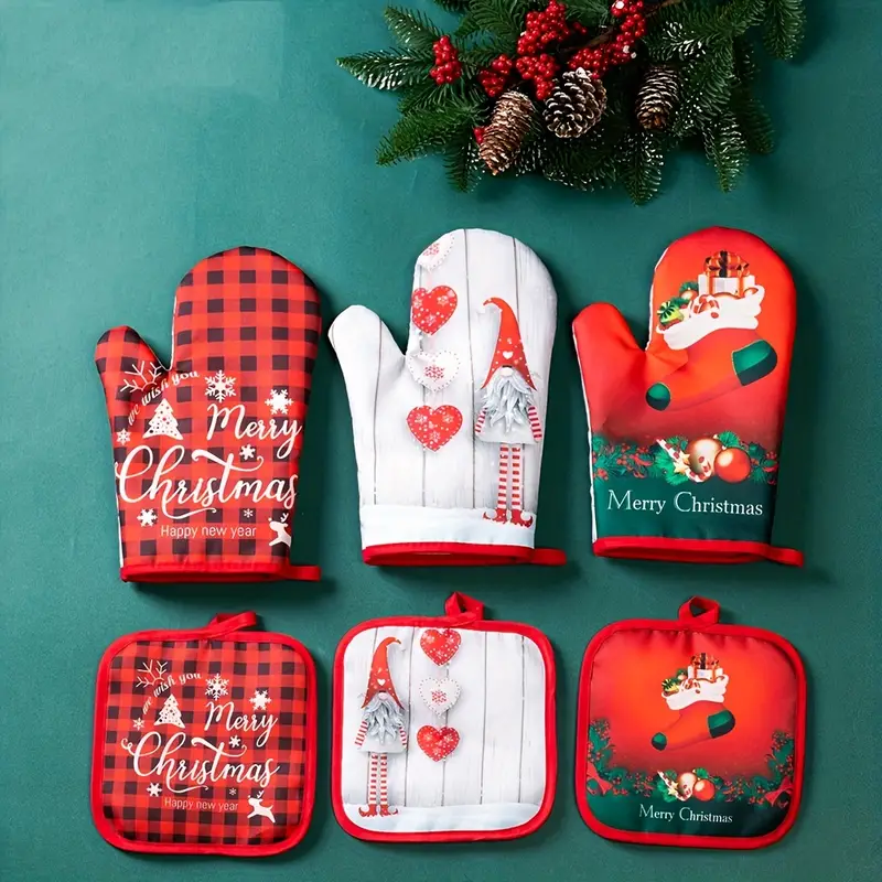 Cotton Oven Mitts, Merry Christmas Theme Heat Resistant Mitts