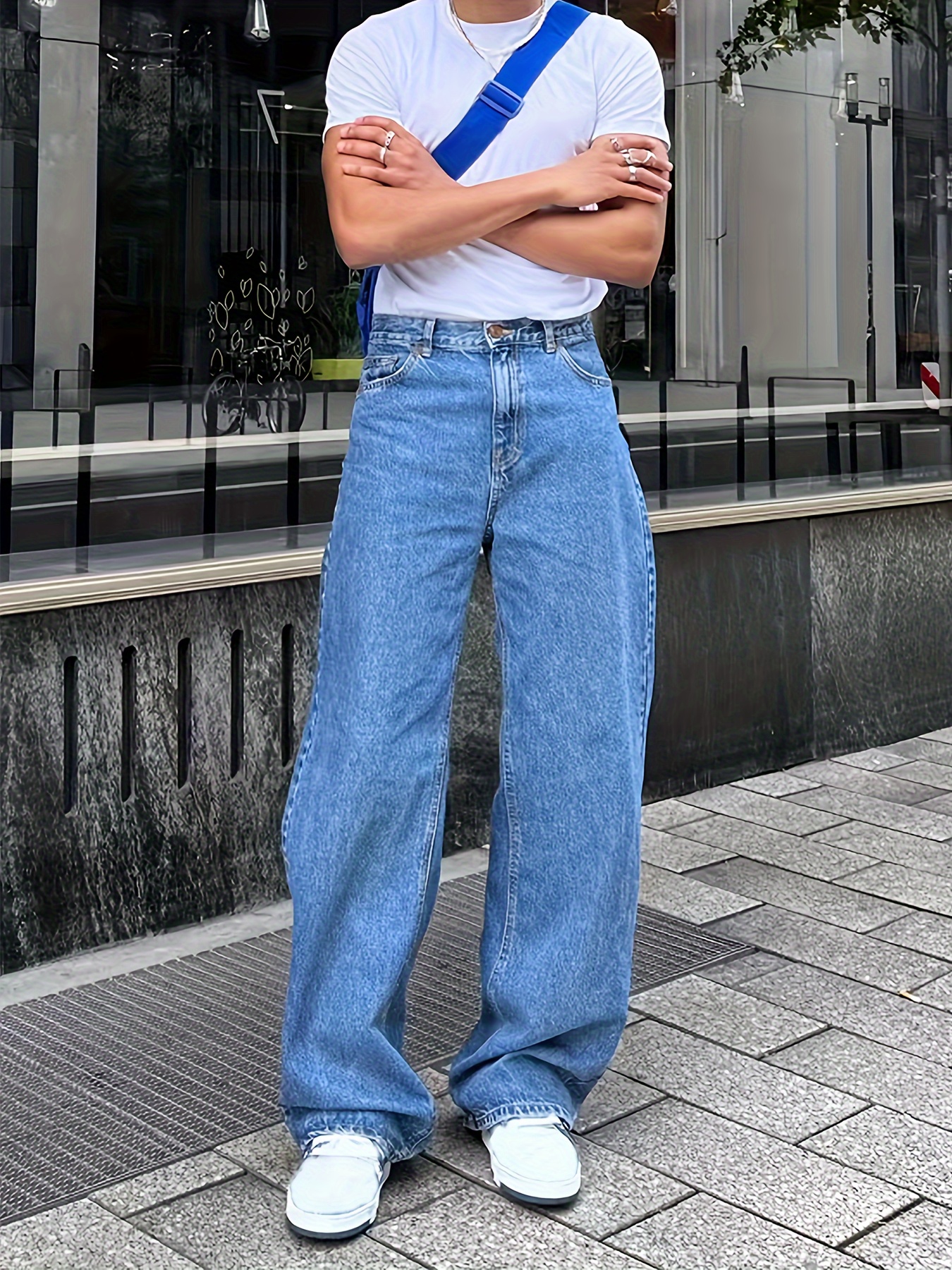 Dragon Embroidery Baggy Jeans, Men's Casual Street Style Wide Leg Denim  Pants