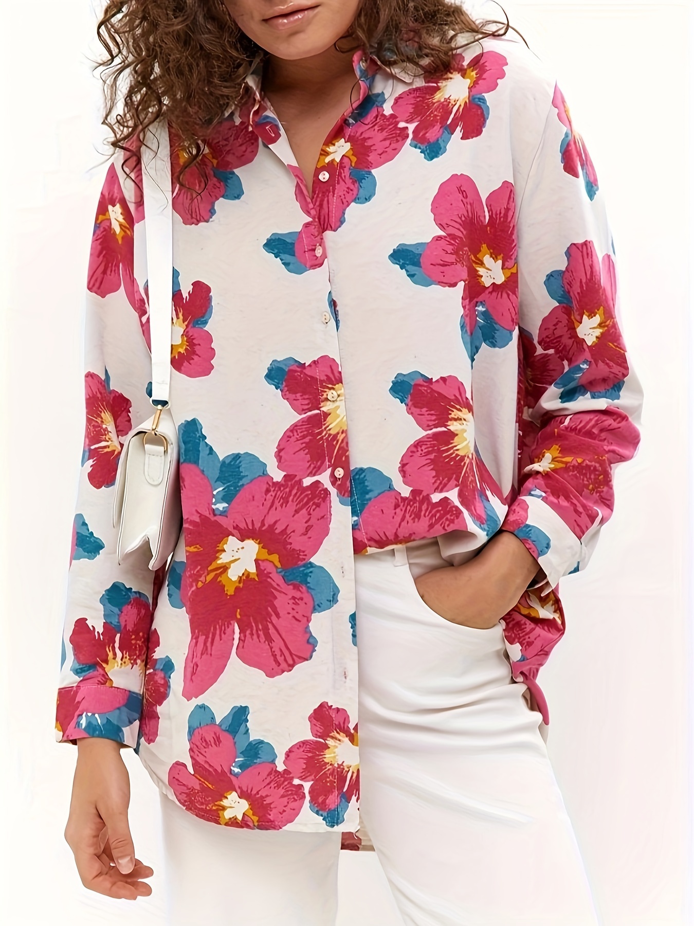 Blusa Estampada Floral Con Botones Delanteros, Blusa Casual De Manga Larga Para Primavera Y Otoño, Ropa De Mujer