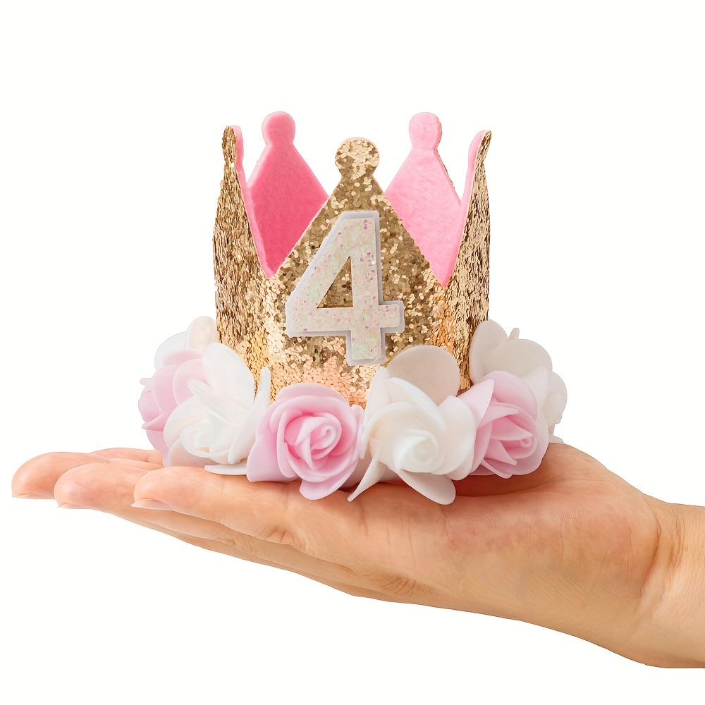 1pc, Decoración de cumpleaños de 4 años para niñas, sombrero de corona  rosa, blanco y dorado con lentejuelas, accesorio de fotos, suministros para  fie