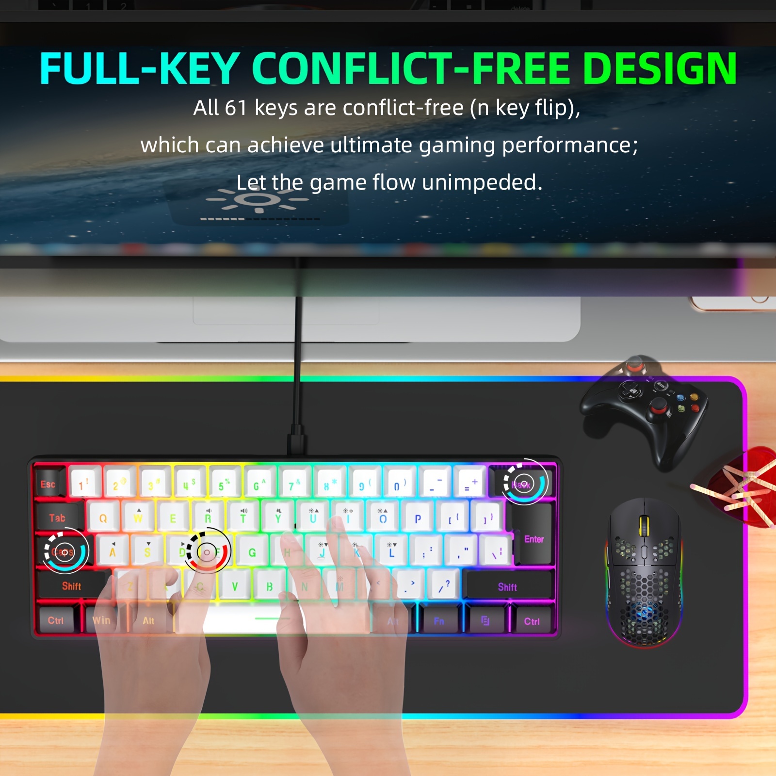 60 wired gaming keyboard rgb backlit waterproof compact portable perfect for pc mac gamers business trips