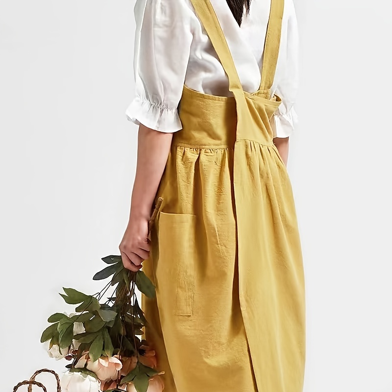 TENG YU - Delantal japonés de lino para mujer, color sólido
