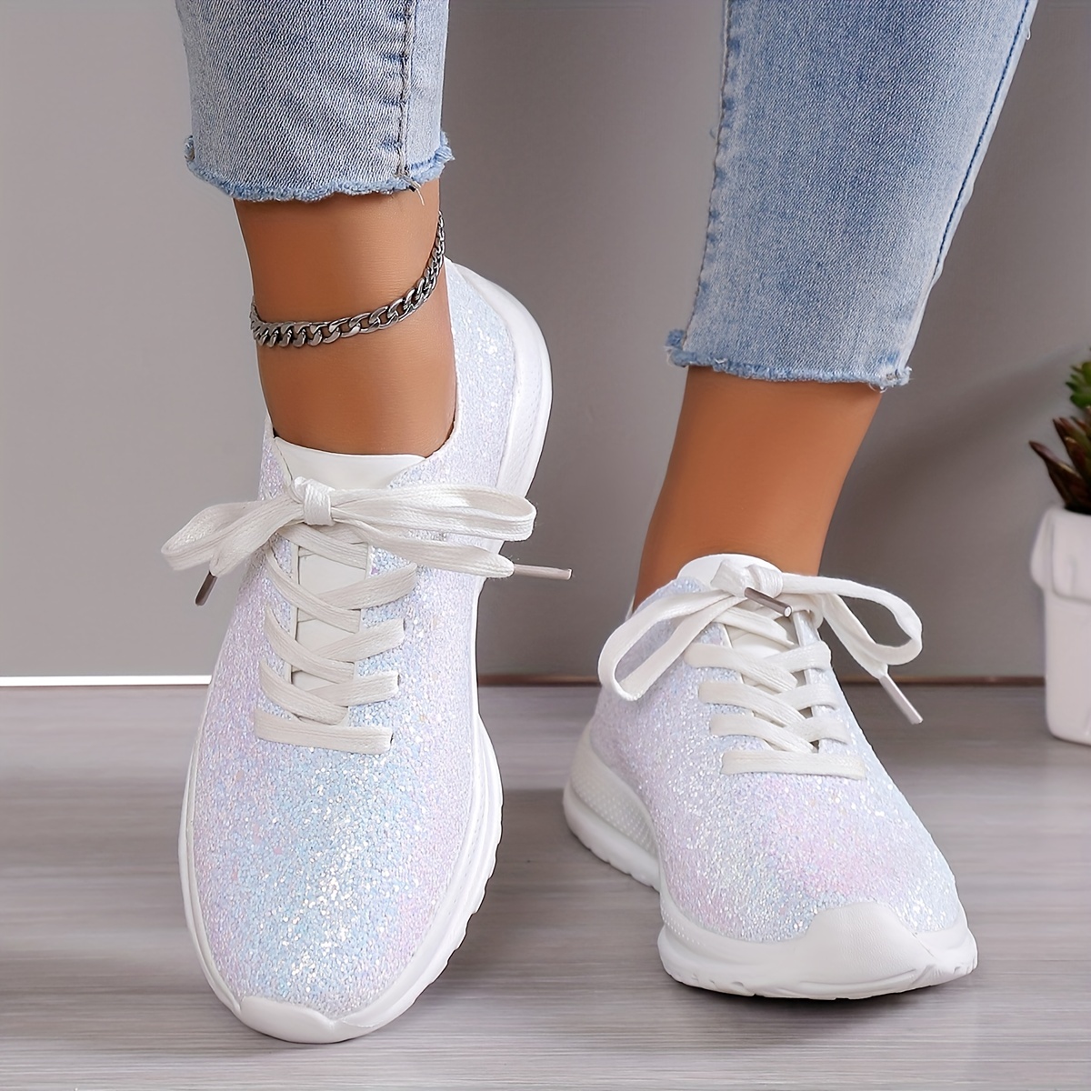 Womens Fashion Sequin Shoes Lace Up Casual Shoes Glisten Sneakers for Ladies  Lightweight Walking Tennis Shoes
