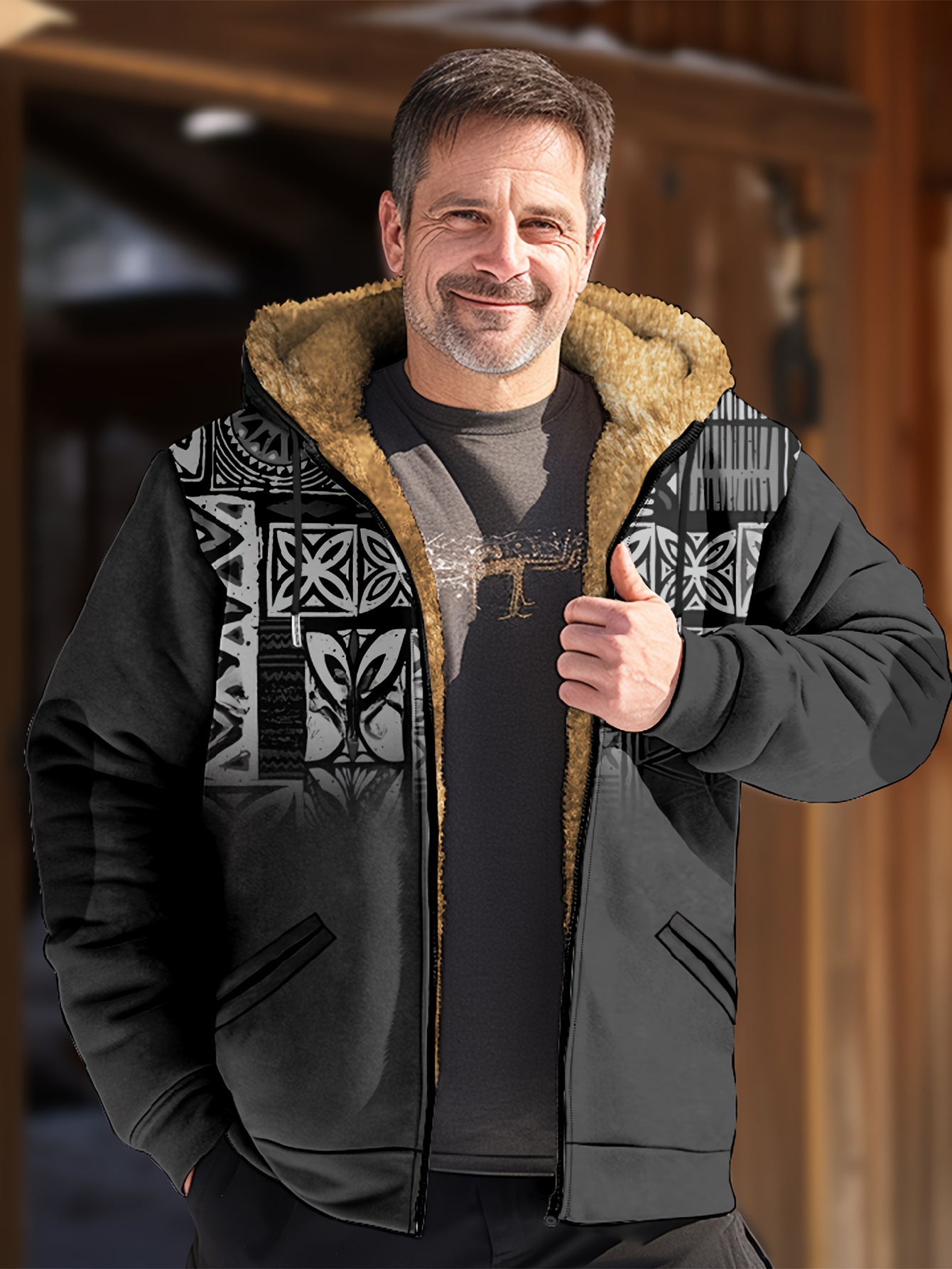 Men's Western Fall/winter Vintage Aztec Fleece Coat Fashion Hooded Zipper  Quilted Jacket Hoodies Cowboy