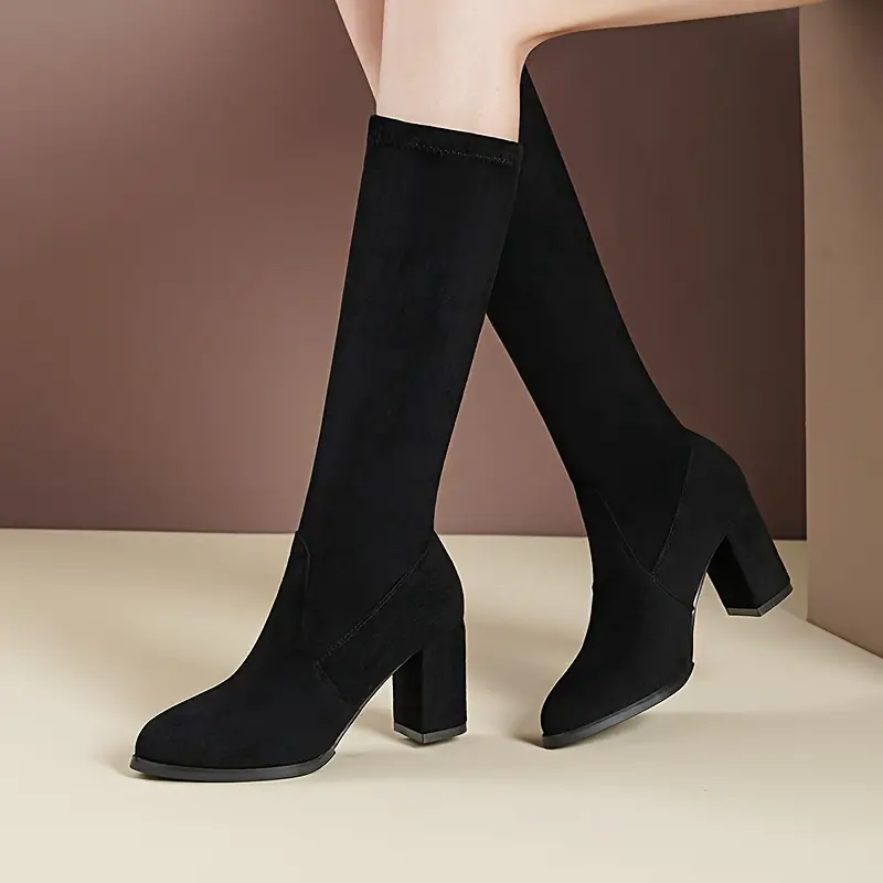 womens block heeled mid calf boots fashion stretchy pull on high heeled boots all match long boots details 4