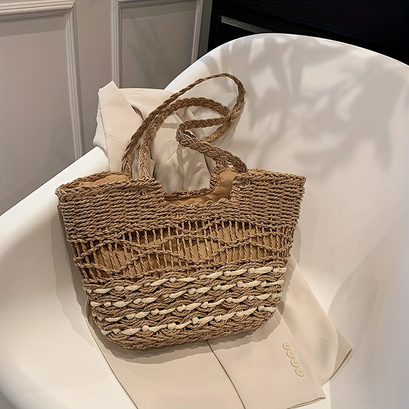 Boho Style Straw Tote Bag for Travel Vacation