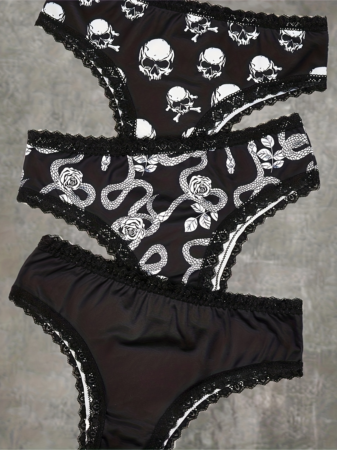 Gothic Sexy Panties Set Skull Stars Print Contrast Lace Trim - Temu Canada