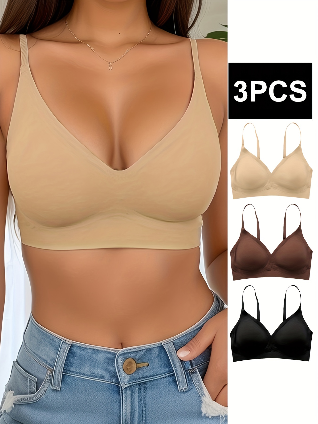 3pcs Seamless Solid Wireless Bras, Comfy & Breathable Push Up Intimates  Bra, Women's Lingerie & Underwear