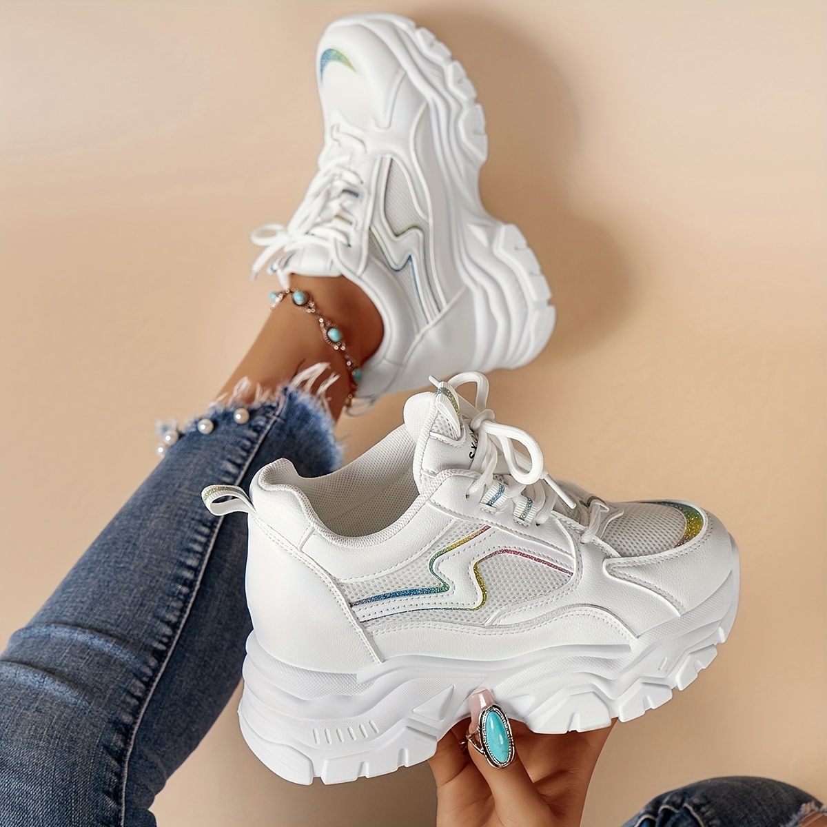 Lace Up Platform Chunky Sneakers, Height Increased Versatile Casual Dad  Shoes For Women