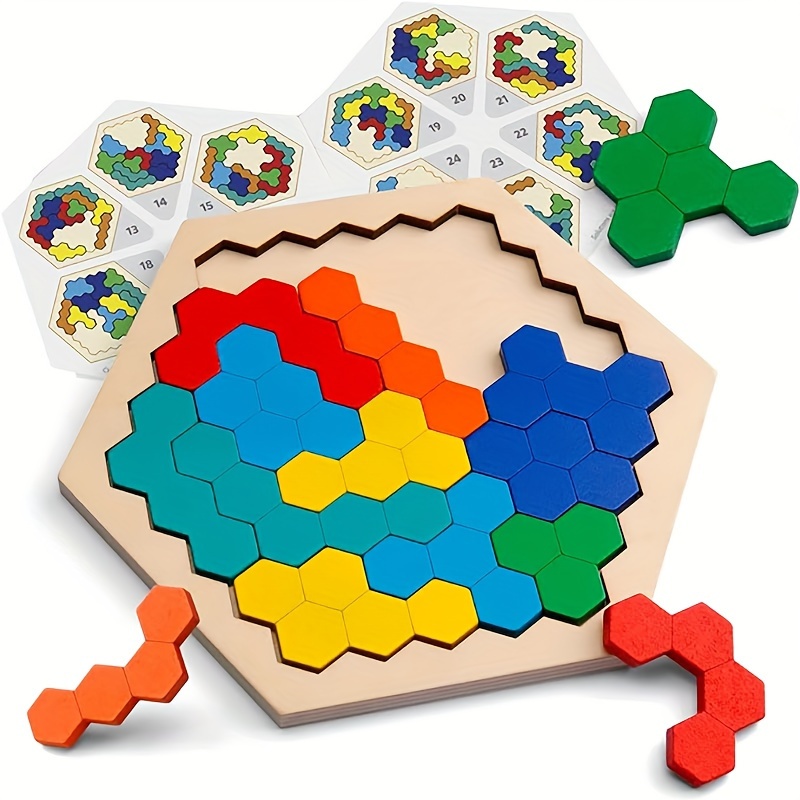 Quebra-cabeças de madeira para crianças adultos - Crianças quebra-cabeças  Hexagon Shape Pattern Block para crianças cérebro teaser quebra-cabeça  Lógico iq Jogo stem Jogo de Brinquedo Educacional Para Todas as Idades  Desafio em