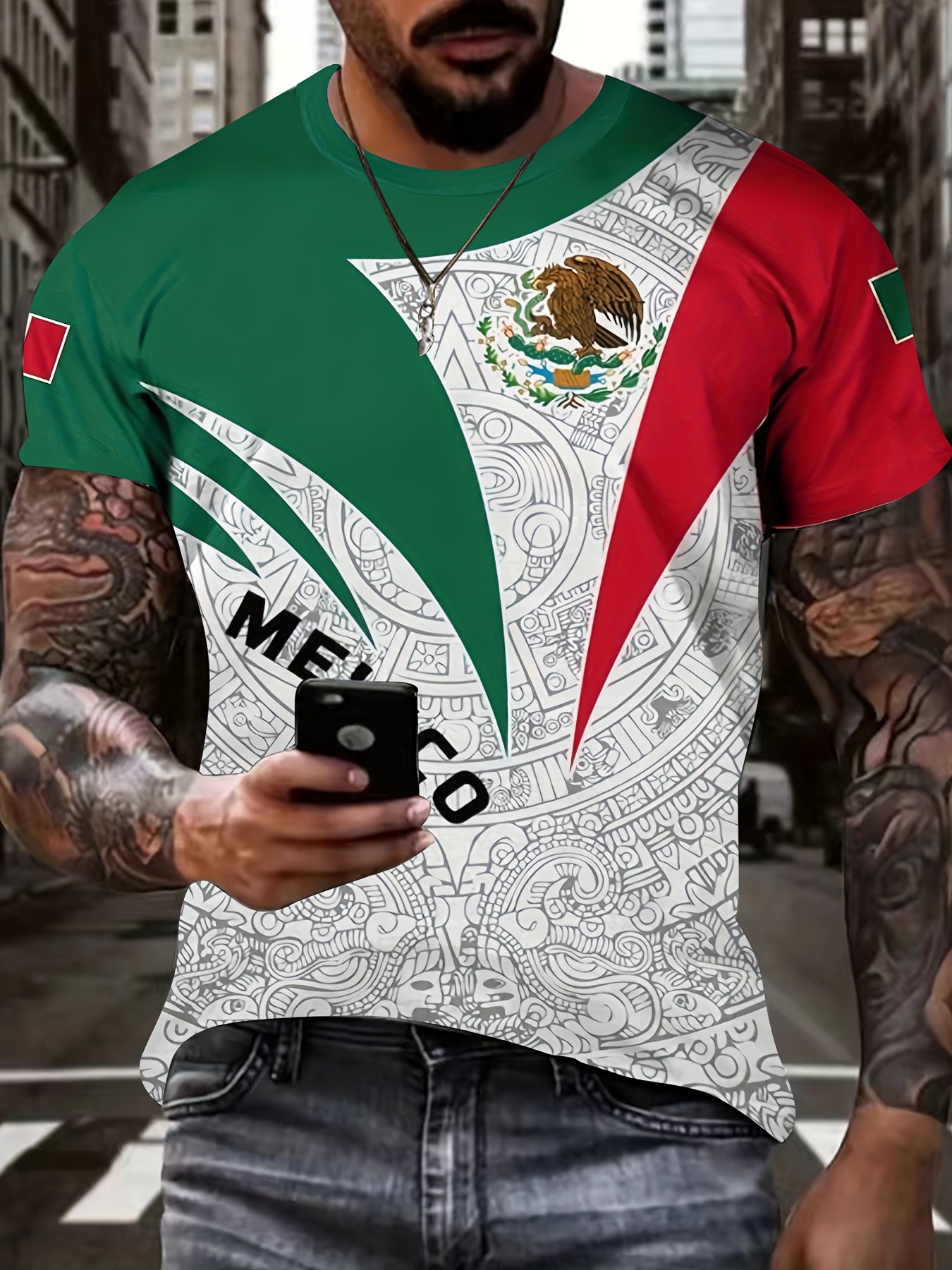 Mexico Eagle Snake Pattern Print Men's Short Sleeve Comfy T - Temu