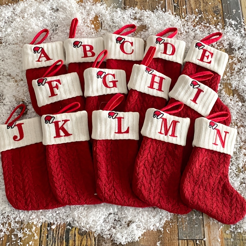 

1pc, Christmas Supplies Decorative, Knitted Socks Stockings Embroidery Candy Gift Bag Alphabet Christmas Socks Gift Bag, Scene Decor, Room Decor, Home Decor, Holiday Party Decor, Christmas Decor