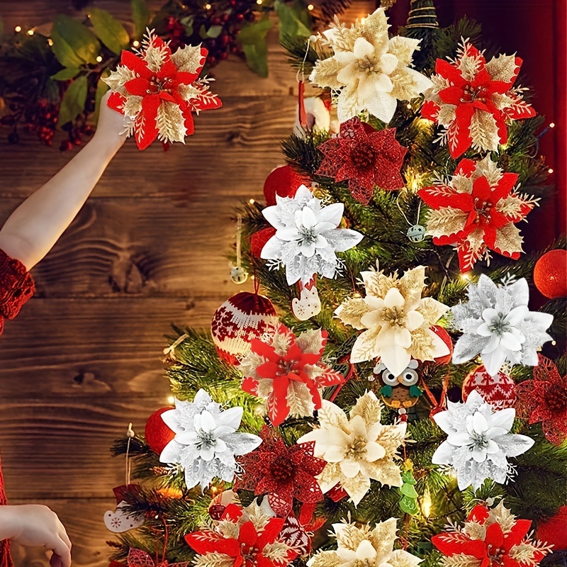 24個 シルバー ポインセチア クリスマスフラワー 5インチ キラキラ 人工クリスマスツリー 花 オーナメント クリスマスツリー リース ガ - 5
