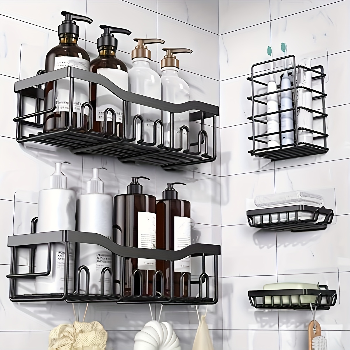 Adhesive Corner Shower Shelf With Hooks And Soap Holder Easy - Temu