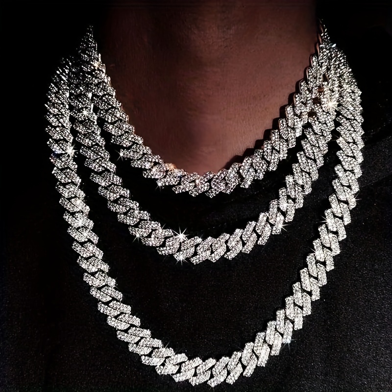 

1pc Cuban Link Chain, Miami Cuban Necklace, Silvery Faux Diamond Cut Zinc Alloy Chain For Men & Women