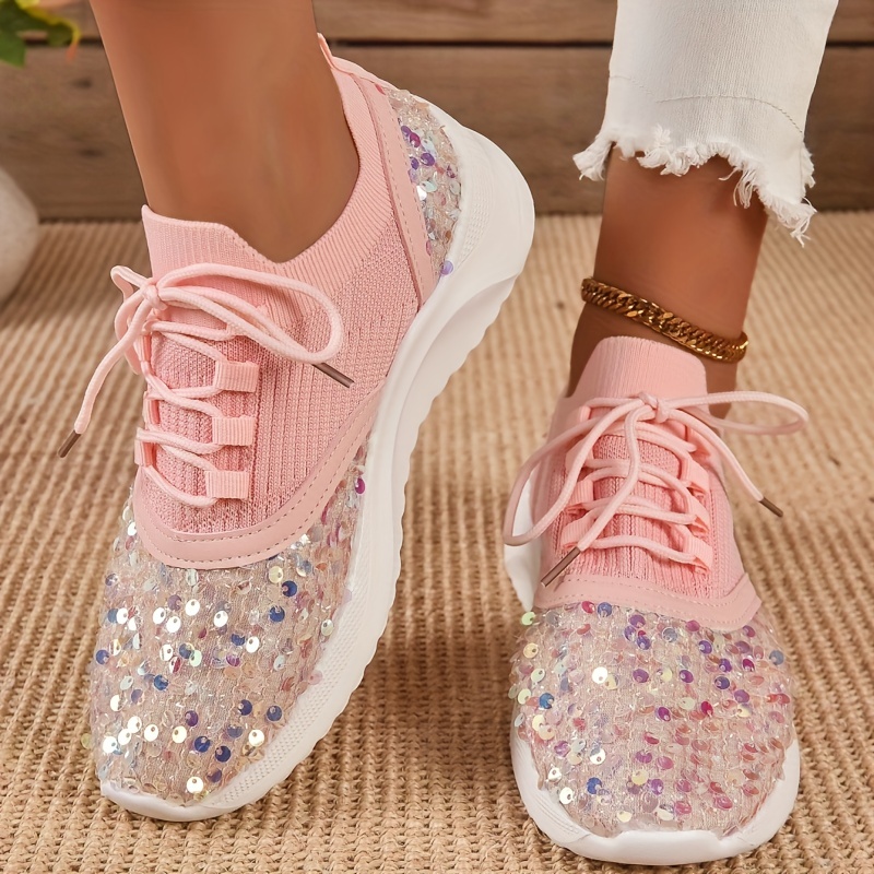 2019 New Basket Femme Sneakers Women Pink Shiny Sequins High Top Casual  Shoes Female Bling Studded Trainers Women Travel Shoes