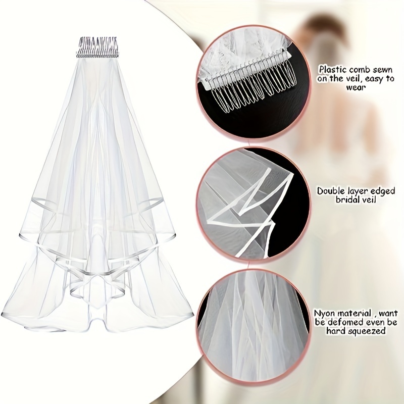 1pc White Bridal Veil with Comb, Hair Brush 2 Tier Ribbon Edge Tulle Double Layer Wedding Short Veil Elegant Fairy Romantic Style Accessories,Temu